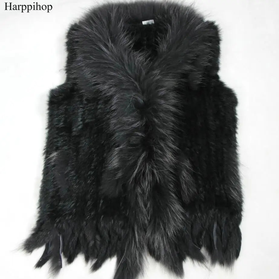 Harppihop womens natural real rabbit fur vest with raccoon fur collar waistcoat/jackets rex rabbit knitted winte - Matrix Studios