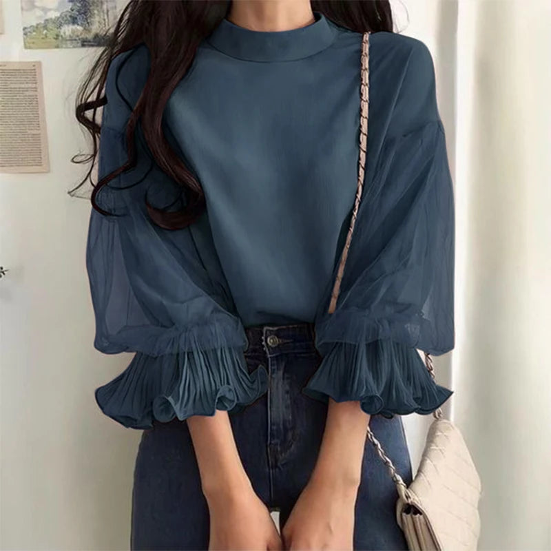 ZANZEA Women Elegant Party Blouse Vintage Mesh Ruffle 3/4 Sleeve Tops 2024 Autumn Stand Collar Shirts Korean Version Loose Tunic - Matrix-studios.com