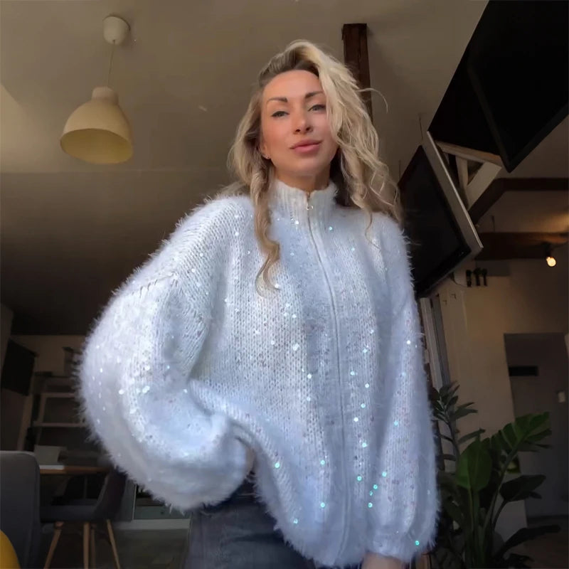 Shiny Sequin Stand Collar Women's Cardigans Double Zippers Full Sleeve Loose Sweater Cardigan 2026 Autumn Winter Casual Knitwear - Matrix Studios