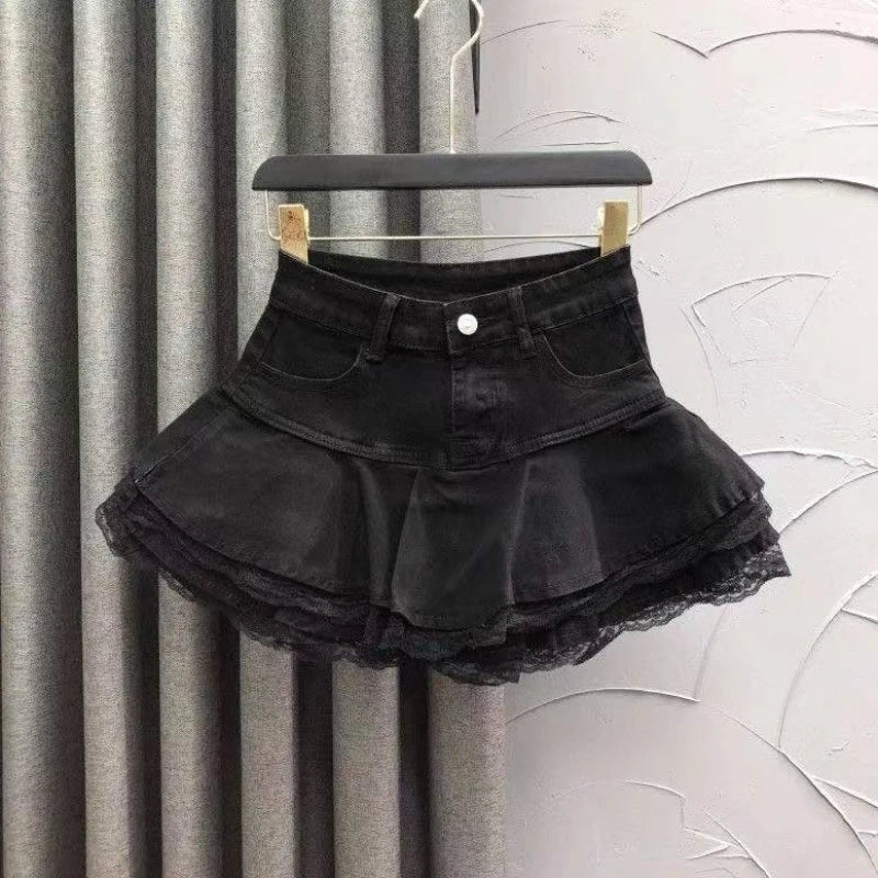 Women's Blue Black Riveted Belt Denim Skirt Y2K Harajuku High Street Fashion 90s Sexy A-line Mini Skirt Summer Clothing 2026 New - Matrix-studios.com