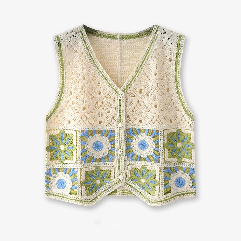 Granny Square Crochet Vest Woman Sheer Open-knit Button Front Sleeveless Waistcoat Top Summer Boho Vacation Beach Outfit - Matrix Studios