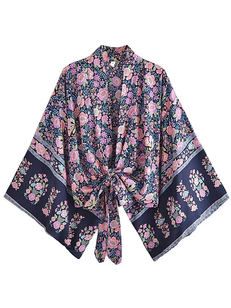 Boho Queens Kimono Cardigan Floral Short Robe Swimsuits Women Fashion Batwing Sleeves Rayon Bohemian Bikini Cover Ups Beachwear - Matrix Studios