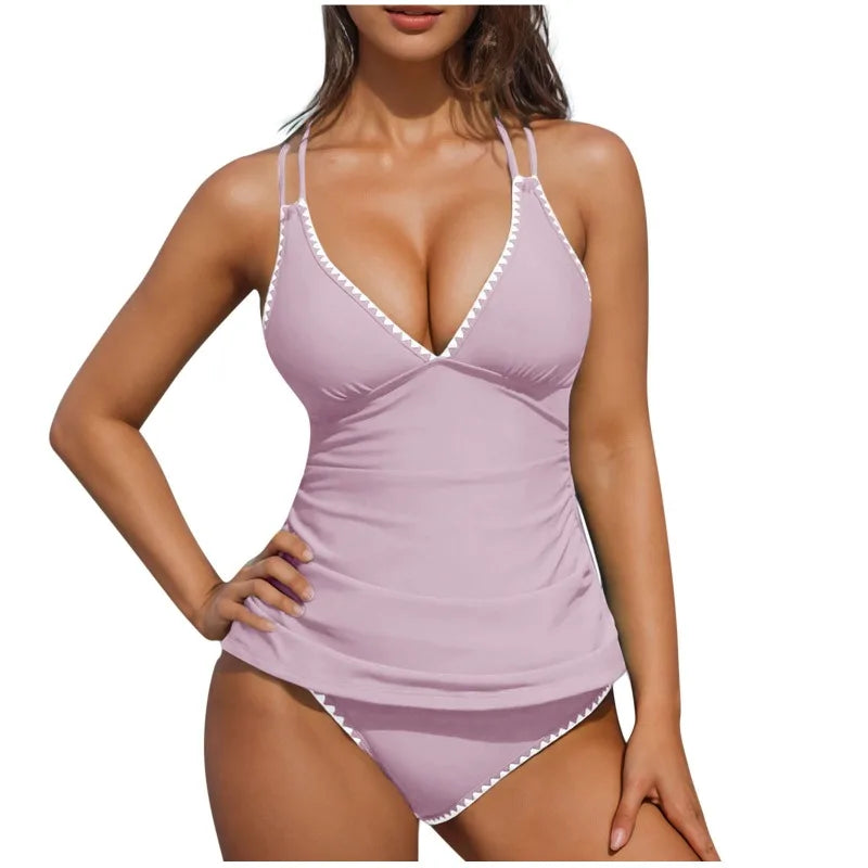Women Tankini Swimsuit Color Block Tummy Control V Neck Push Up Top High Waisted Swim Bottom 2026 Summer Two Piece Bathing Suit - Matrix-studios.com