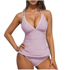 Women Tankini Swimsuit Color Block Tummy Control V Neck Push Up Top High Waisted Swim Bottom 2026 Summer Two Piece Bathing Suit - Matrix-studios.com