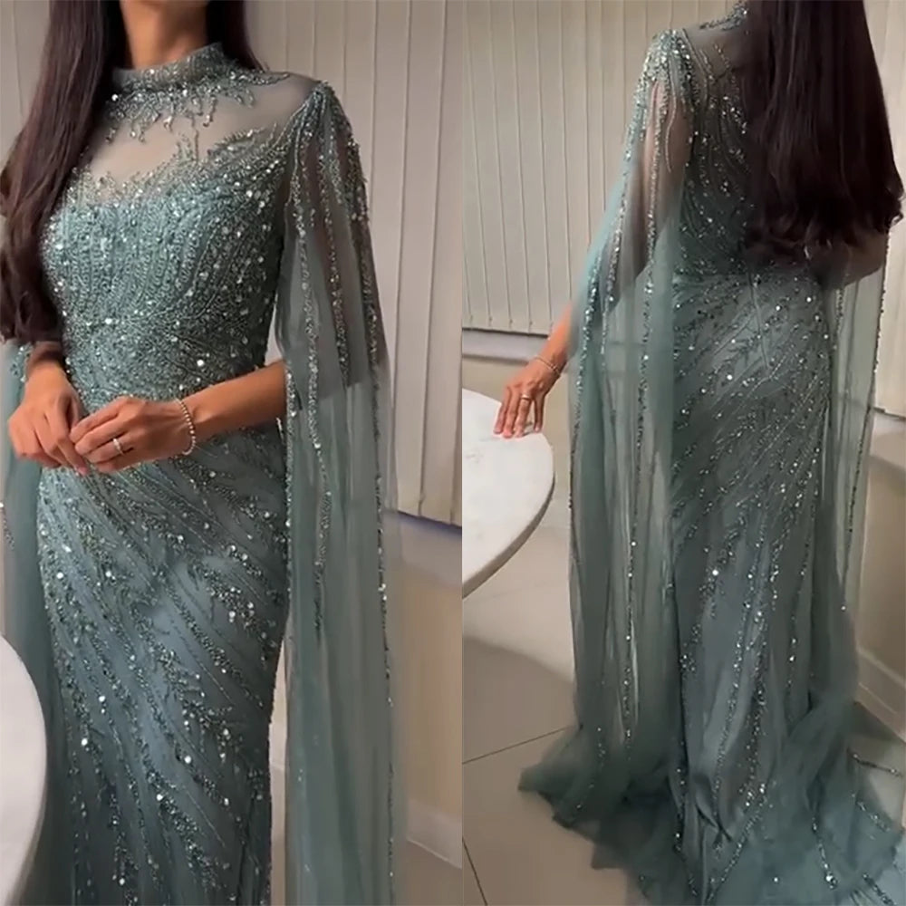Eshaut&bridal Luxury Beaded Evening Dress Cape Sleeve Dubai Sheer Neck Mermaid Formal Prom Wedding Party Gown Customized 2026 - Matrix Studios