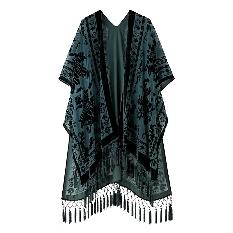 WeHello Burnout Velvet Kimono For Women Luxury Fashion Long Cardigan With Tassel Beach Cover-up Holiday Cardigan Shawl - Matrix Studios