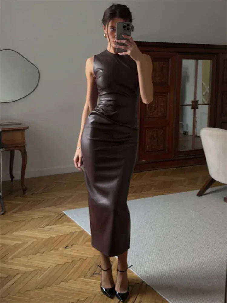 Tossy PU Sexy Fashion Maxi Dress For Women High Waist Sleeveless Slim Patchwork Solid Skinny Streetwear Female Bodycon Dress New - Matrix-studios.com