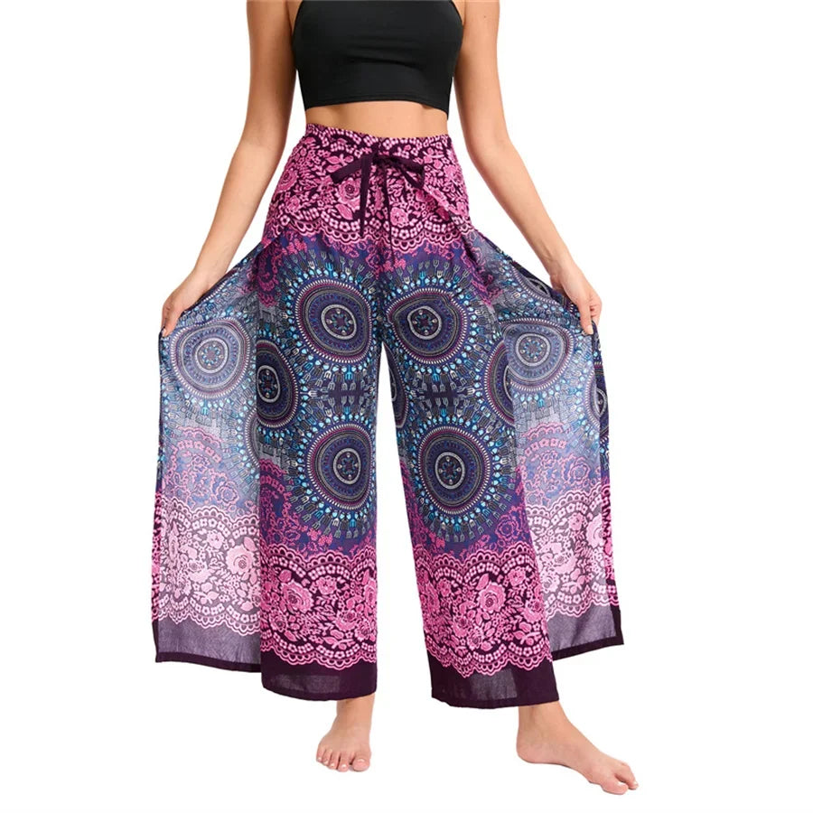 Women's Boho Palazzo Pants Wide Leg Yoga Wrap Tie Up Waistband Beach Cover Up Trousers Rayon Soft Breathable Loose Pants - Matrix Studios