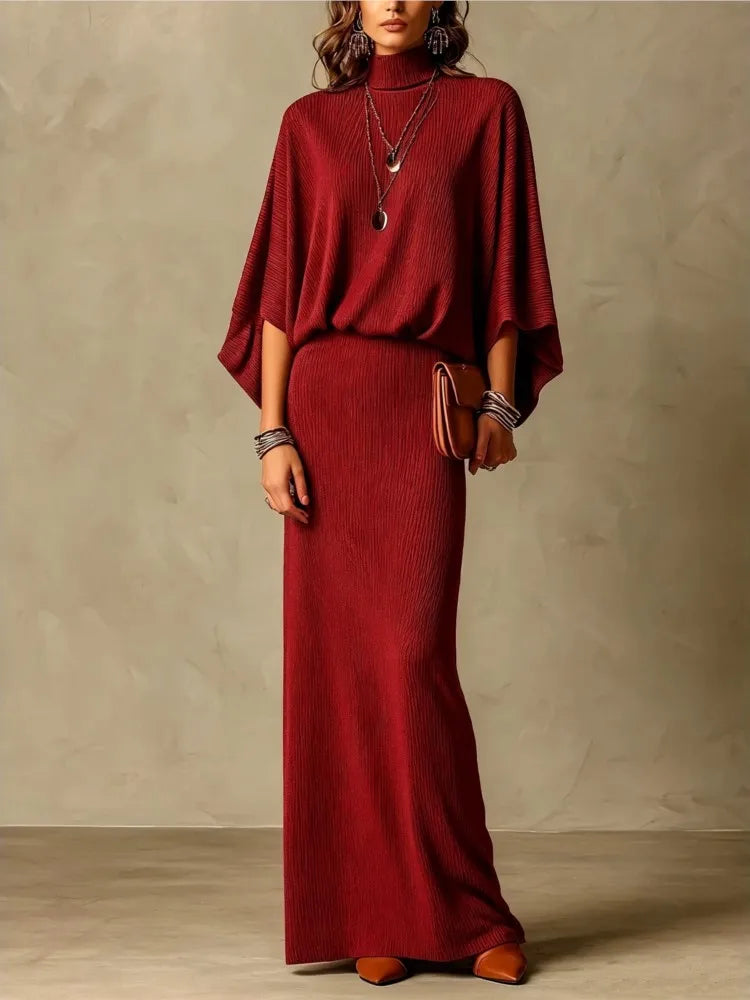 Autumn Winter New Fashion High Collar Bat Sleeve Skirt 2piece Set Women Casual Knitted Pit Strip Elegant Slim Hip Hip Skirt Suit - Matrix-studios.com