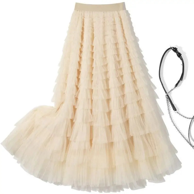 Sweet Layered Cake Me Skirt Elastic Waist Princ Long Dr Korean Sle High Waist Polyester Fabric Mid-Length Skirt - Matrix-studios.com