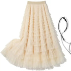 Sweet Layered Cake Me Skirt Elastic Waist Princ Long Dr Korean Sle High Waist Polyester Fabric Mid-Length Skirt - Matrix-studios.com