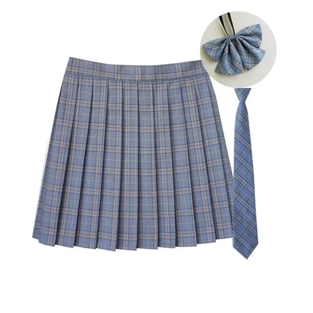 Women Summer Plaid Pleated Skirt With Necktie Bowtie Korean Jk Skirt Uniform Japanese School Preppy A Line Mini Skirts - Matrix-studios.com