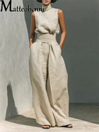 Women Summer Fashion Casual Loose Solid Suit Cotton Linen Set Sleeveless Tops Wide Leg Pants Office Ladies 2 Piece Sets 2026