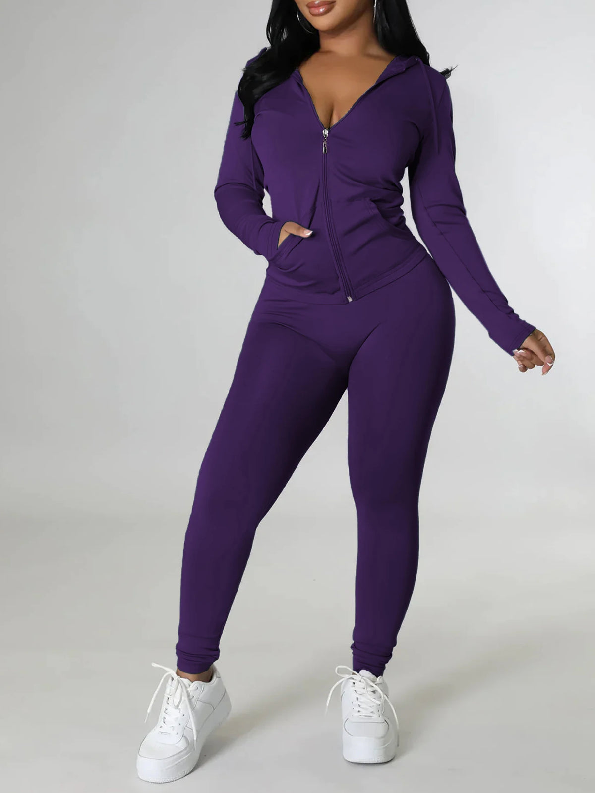 Lightweight Breathable Solid Color Curvy Streetwear Suit, Zip Hoodie Tracksuit Matched With Joggers, Comfortable Casual Oversized Matching Set, Versatile All Seasons Outfit For Yoga Daily Party - Matrix-studios.com