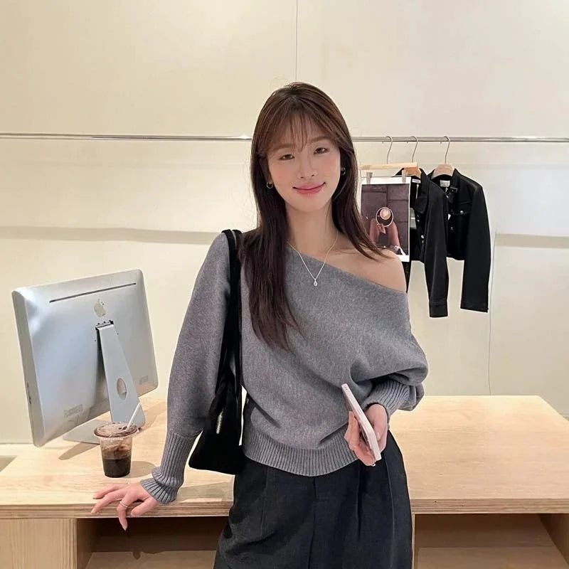 Knitted Sweater Women Pullovers New Long Sleeve Slash Neck Black Knit Sweater Pullover Women Tops Sweaters Women Clothing Q1476 - Matrix-studios.com