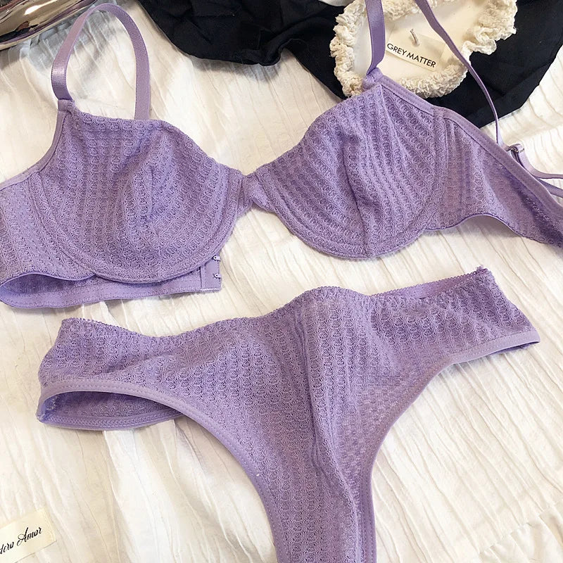Summer 6 Color Women Underwear Sexy French Bralette Push Up Bra Set Ultra Thin Thread Fabric Breathable Lingerie With Thong Sets - Matrix-studios.com