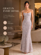 Women Floral Embroidery Sequin Mermaid Prom Dress, Spaghetti Strap Corset Bodycon Long Evening Gown for Wedding Guest Formal Party - Matrix-studios.com
