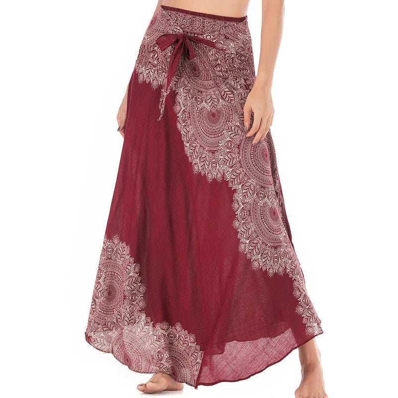 Boho Skirts Women Rayon Beach Long Dress Summer Bohemian Jupe Longue Femme Elastic Waist Print Floral Bandage Halter Hippie - Matrix Studios