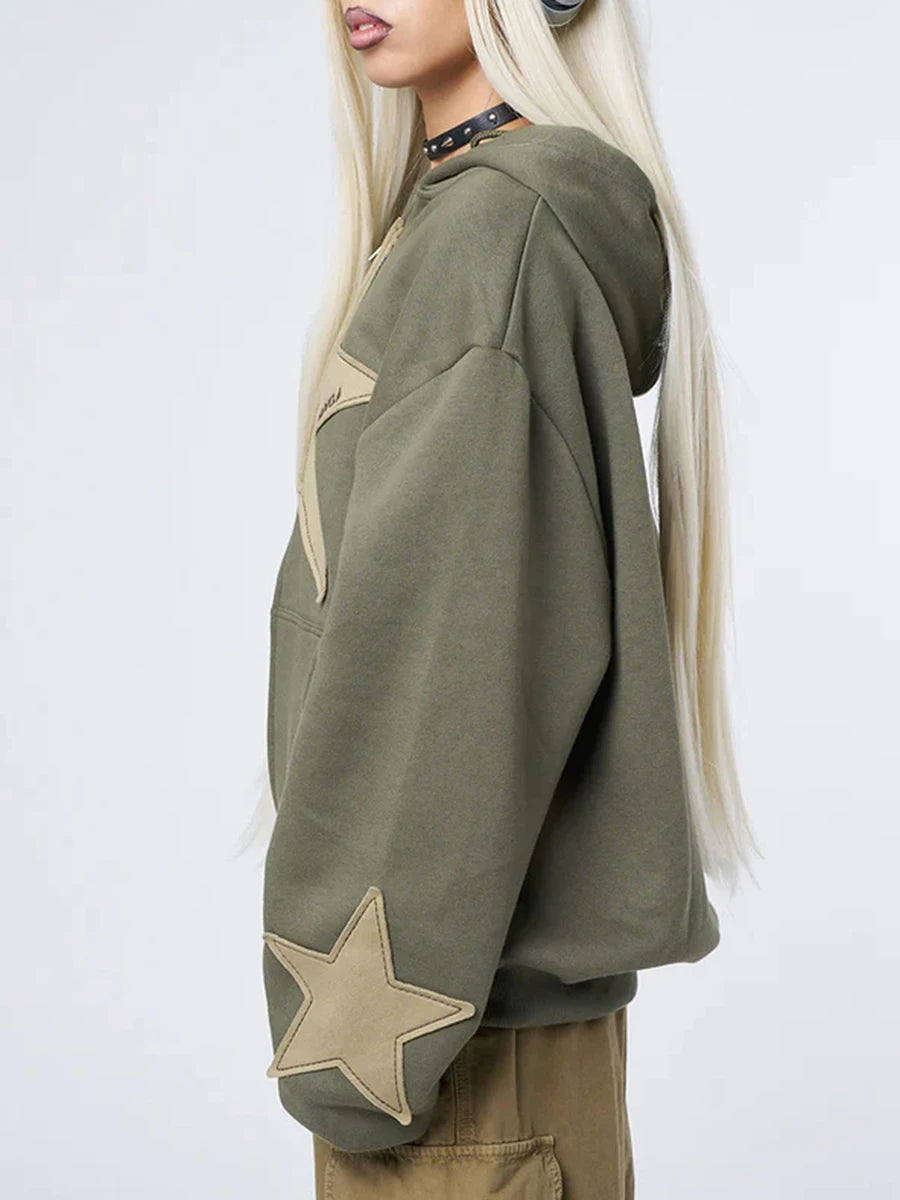 Y2K Vintage Star Print Hooded Hoodie for Women Casual Loose Long Sleeve Zip Up Drawstring Sweatshirts Autumn Spring Coat Street - Matrix Studios