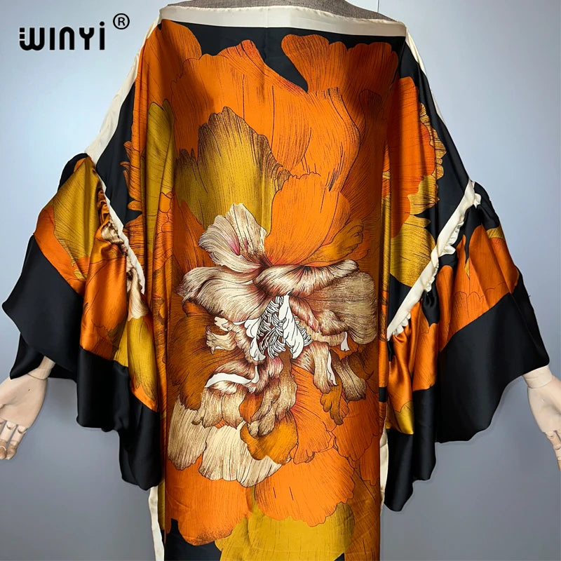 WINYI Summer Puff(ed) Sleeves Evening Dress Abaya Dubai Luxury Female Loose Print Kaftan Muslim Woman Clothing Beach Dress - Matrix-studios.com