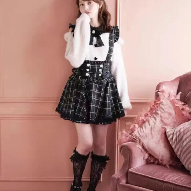 Japanese Gothic Lolita Ribbon Short Suspender plaid Skirt Girls Sweet Cute Lace A-Line Mini Skirts summer2026 black solid kawaii - Matrix-studios.com
