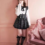Japanese Gothic Lolita Ribbon Short Suspender plaid Skirt Girls Sweet Cute Lace A-Line Mini Skirts summer2026 black solid kawaii - Matrix-studios.com