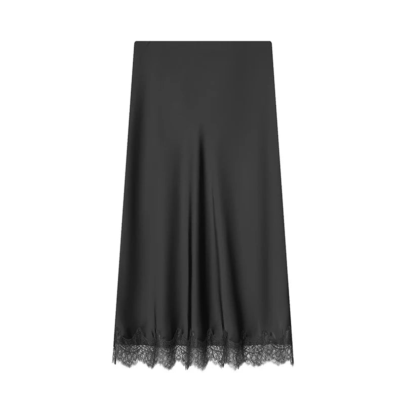 Women's Skirts Fashion Lace Decoration Satin Midi Skirt Vintage Women High Waist Long Skirts - Matrix-studios.com