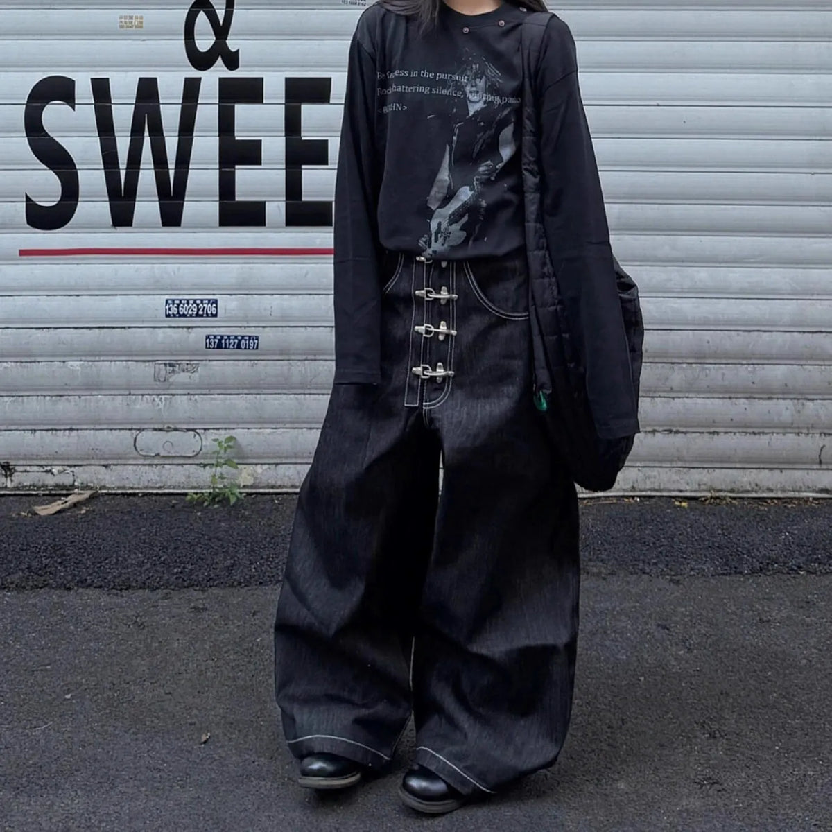 Women’s Multi-button Design Curved Wide-leg Jeans High Waist Straight Baggy Denim Pants Female Vintage Street Style Trouser - Matrix-studios.com