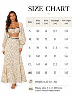 Women 2 Piece Boho Matching Sets, Integrated Puff Long Sleeve Cutout Back Tie‑Front Crop Top & High Waist Flowy Polka Dot Maxi Skirt, Summer Beach Vacation Co‑Ord Outfits - Matrix-studios.com