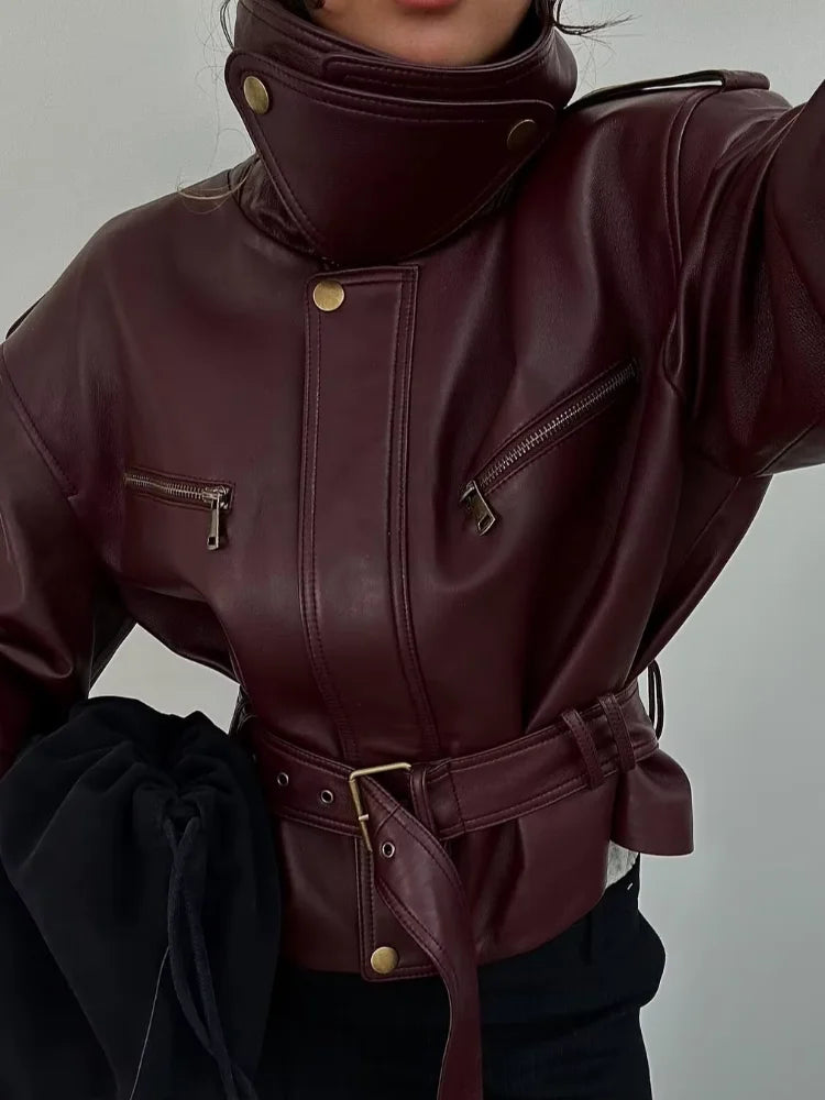 Women Solid Burgundy Waist Cinching Jacket Fashion Lace Up Stand Collar Zipper Bucket Short Jackets 2026 Lady High Street Coat - Matrix Studios