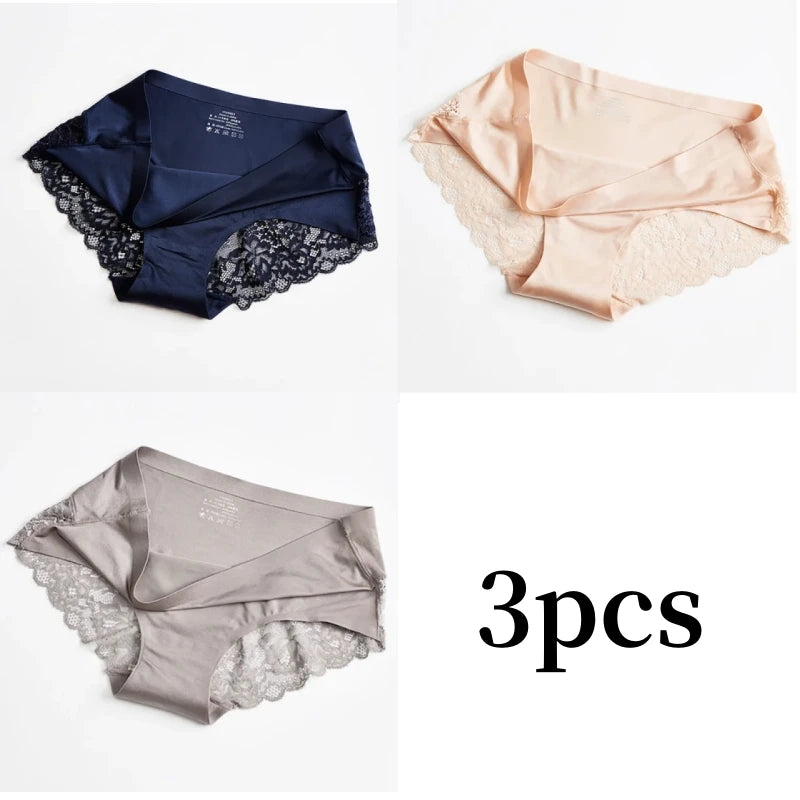 3pcs Lace Women's Panties French Seamless Underwear Female Ice Silk Briefs Solid Color Breathable Underpants Lingerie - Matrix Studios