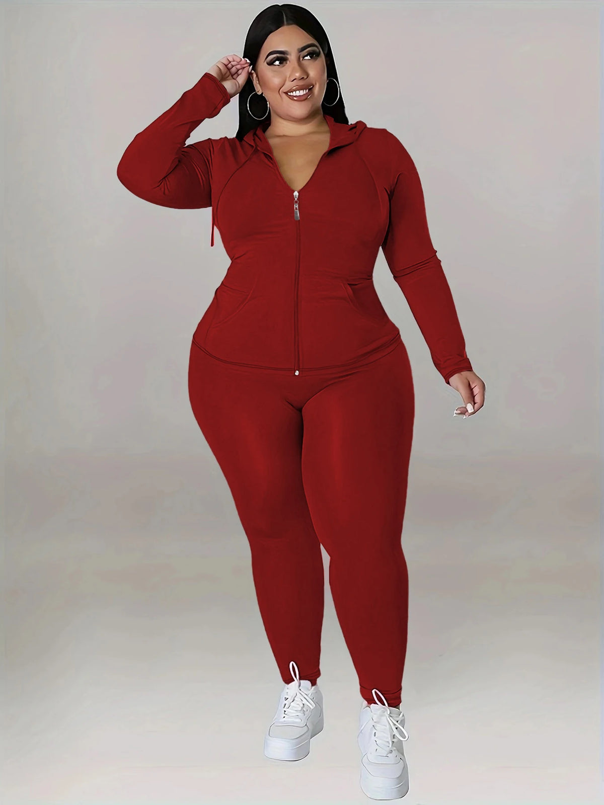 Soft Stretch Solid Color Curvy Athleisure Outfit, Zip Hoodie Tracksuit With Joggers, Comfortable Casual Oversized Matching Set, Versatile All Seasons Wear For Yoga Daily Party Streetwear Activities - Matrix-studios.com