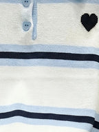 Polo Collar Striped Heart Knit Tee Women White Blue Black Short Sleeve Soft Stretch Sweet Daily Office SlimKnit T Shirt Blouse - Matrix-studios.com