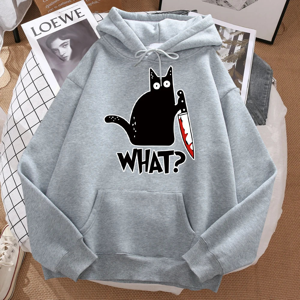 What Cute Little Black Cat Holding A Knife Men Hoodie Street Fleece Hoody Hipster Autumn Sweatshirt Hip Hop Clothing Woman - Matrix Studios