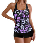 Printed Flower Tankini Set  Girl Swimwear Adjustable Strap Vest Bra Female Flower Shorts Bikini Drawstring Women Beach Set - Matrix-studios.com