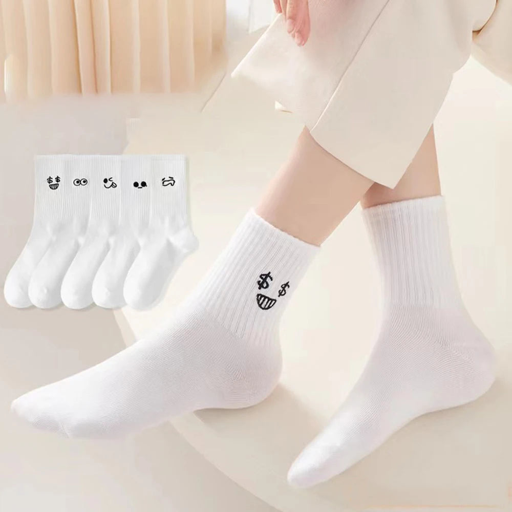 5/10 Pairs Women White Cartoon Socks Trendy Versatile Expression Socks Simple Design Soft Breathable Comfortable Casual Socks - Matrix Studios