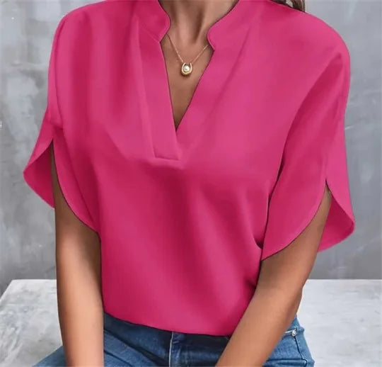 Women Elegant Solid V Neck Blouse Casual Short Sleeve Loose Shirt Summer Solid Tops Harajuku Office Ladt Chiffon Blouse 2026 New - Matrix-studios.com