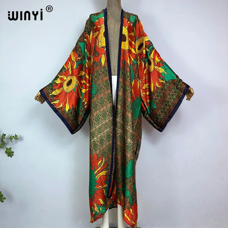 WINYI Summer New Fashion Print Women Cardigan Loose Long Dress Elegant Party Boho Maxi Beach Holiday Cover Up Kimonos Kaftan - Matrix Studios