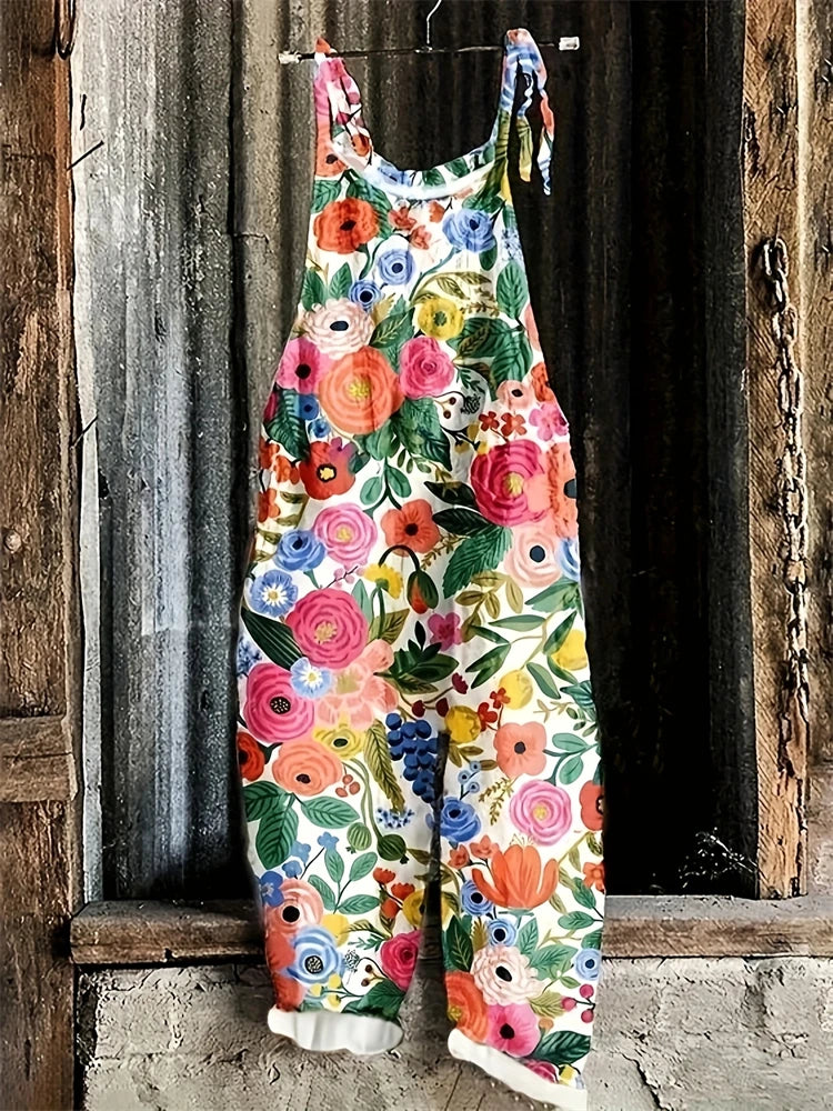 New Women's Sling Bodysuit Pants Sleeveless Floral Printed Wide Leg Pants Casual Outdoor Loose Backless Comfortable Breathable - Matrix Studios