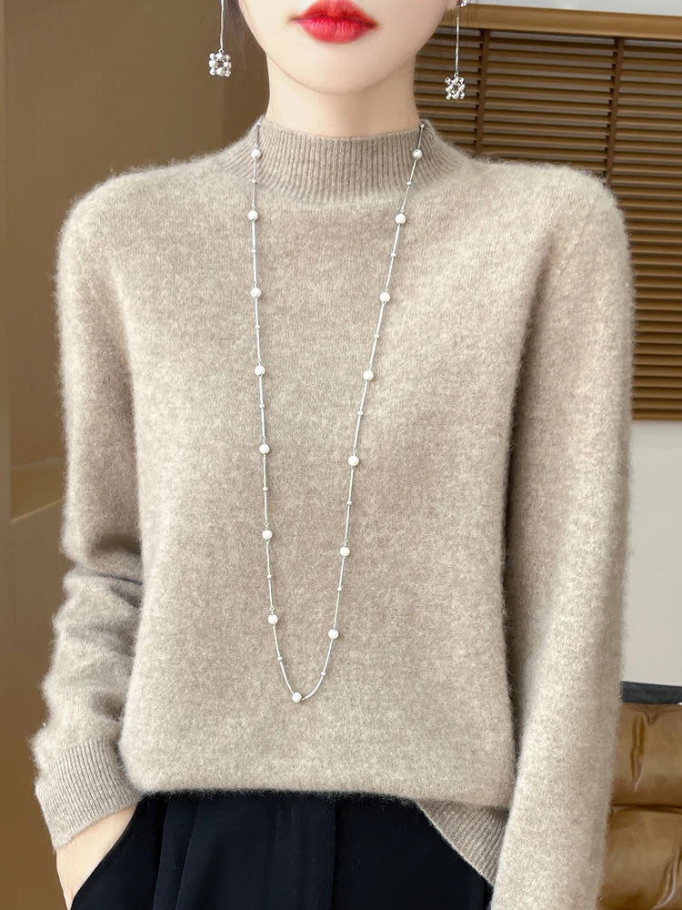 Fashion 100% Wool Sweater Women's Mock-Neck Knitwear Cashmere Pullovers Autumn Winter Long Sleeve Jumpers Clothing Tops - Matrix Studios