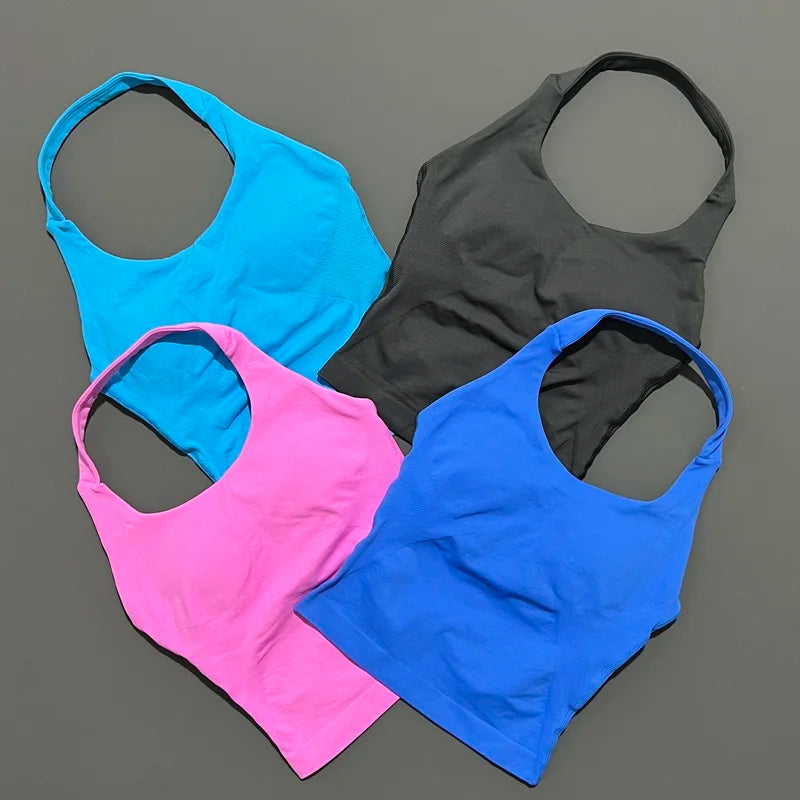 HISTELLO Sports Halter Top Seamless Longline Strappy Gym Tank Top Women Yoga Clothing Workout Fitness Sportswear Pilates Vest - Matrix-studios.com