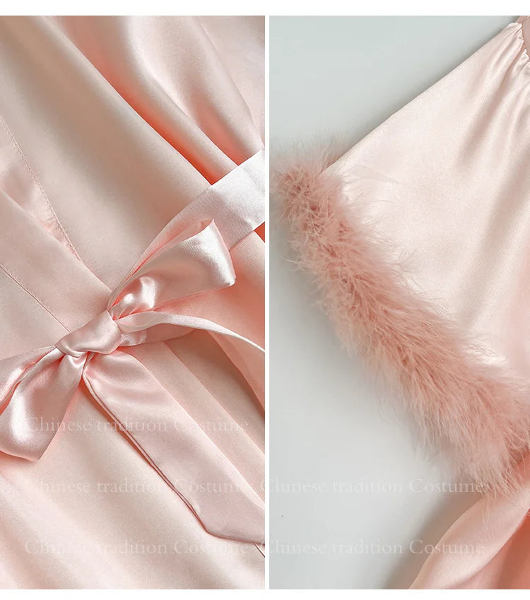White Bride Wedding Robe with Feathers Women Satin Peignoir Sexy Bridesmids Kimono Gowns Short Bathrobe Bridal Intimate Lingerie - Matrix-studios.com