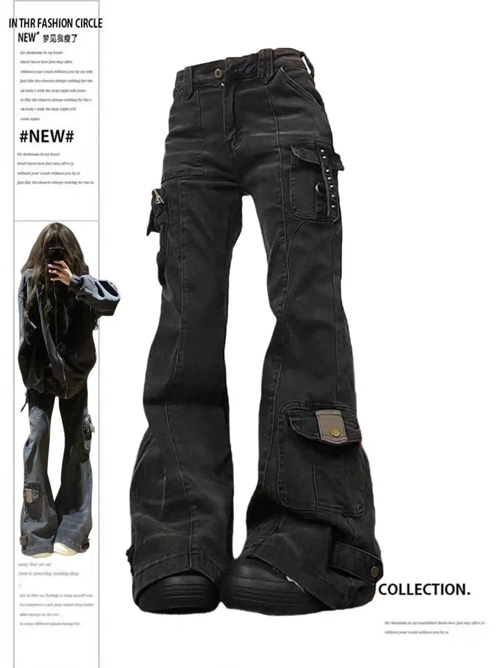 Women's Flare Cargo Jeans Harajuku Japanese Low Rise Denim Pants Abi Y2k Bell Bottom American Retro High Street Dark Academia - Matrix-studios.com