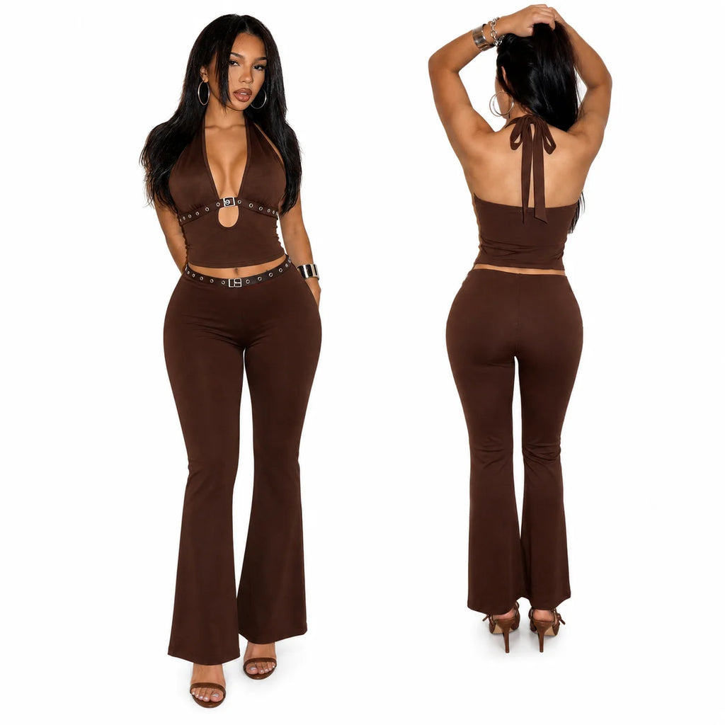 Women 2 Piece Outfits Halter Cutout Crop Top & Flare Pants Set, Metal Buckle Eyelet Detail Sleeveless Bodycon Matching Sets Y2K Club Co‑Ord - Matrix-studios.com
