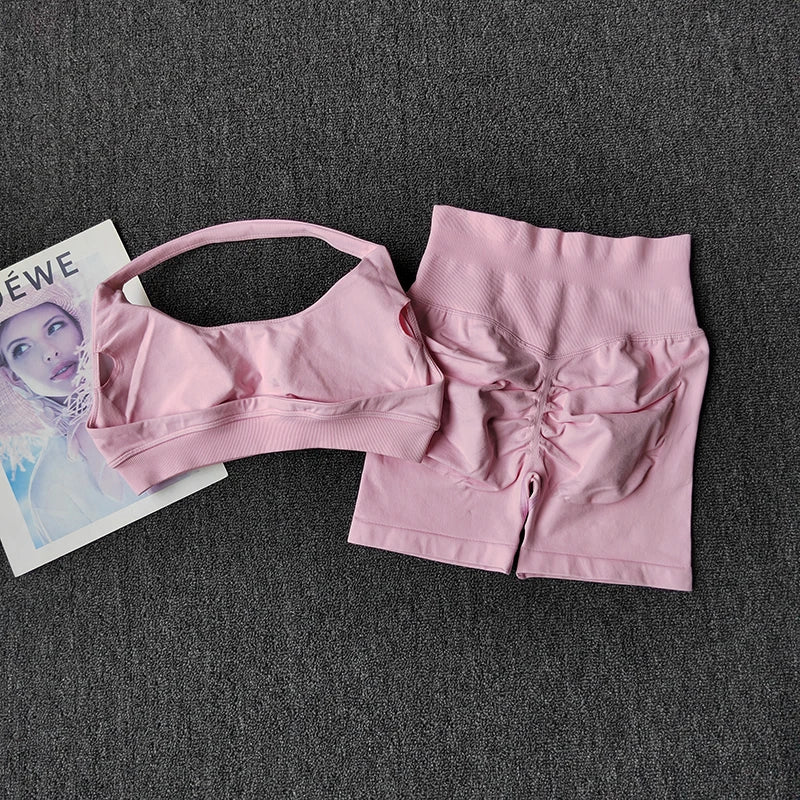 2PCs Peach High Waist Belly Hip Lifting Sports Bras Shorts Suit Gathering Shock-proof Neck Halter Yoga Suit Running Fitness Set - Matrix-studios.com
