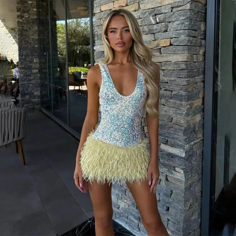 Avrilyaan Colorful Diamond Pattern Sequin Slit Sexy Dress Women 2025 Elegant Party Dress Backless Mini Summer Dress Vestidos - Matrix-studios.com