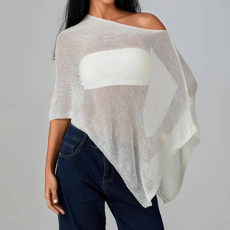 Women Sheer Knit Poncho Top Y2K See Through Crochet Batwing Sleeve Beach Cover Up Poncho Shawl Beach Vacation Outfits - Matrix Studios