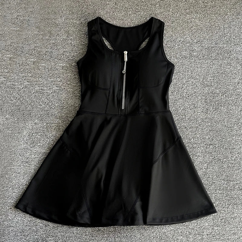 Tennis Skirt Casual Half Zipper Sports Fitness Dress Anti-Running High Waist Slim Golf Yoga Dress - Matrix-studios.com