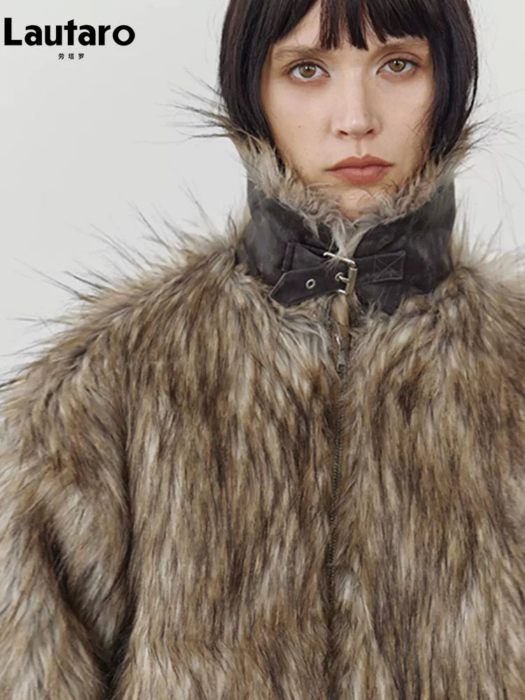Lautaro Autumn Winter Short Warm Thick Hairy Shaggy Patchwork Faux Raccoon Dog Fur Coat Women Zipper Luxury Fluffy Jacket 2024 - Matrix Studios