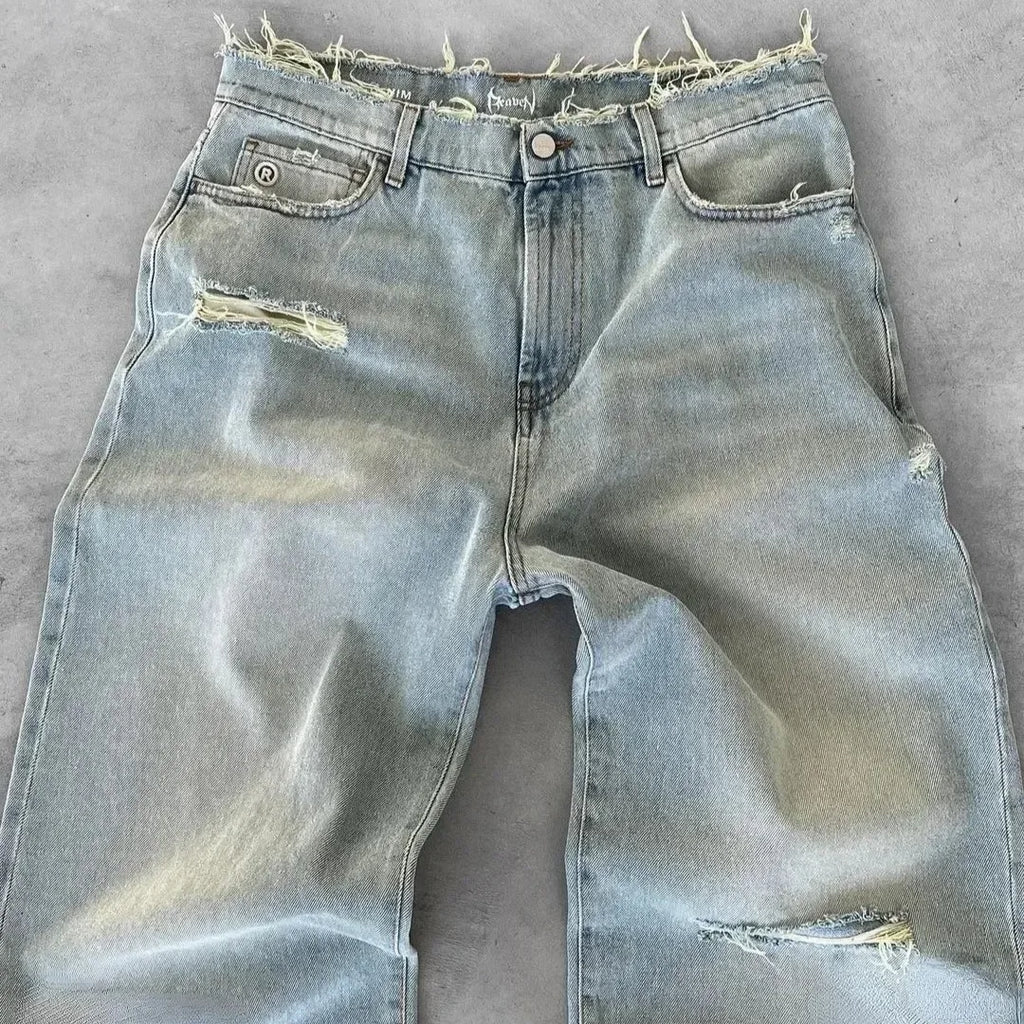 Straight Jeans Distressed Men Jean Ripped Holes Washed Denim Pants Ankle Length Loose Solid Zipper Fly Pockets Casual 2025 - Matrix Studios